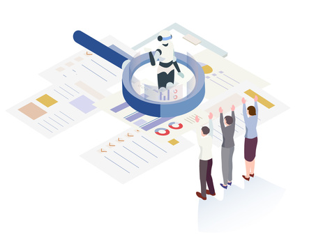資料の悩みをAIが問題解決するアイソメ 資料,調査,データ,書類,分析,会社,会社員,喜ぶ,バンザイ,スーツのイラスト素材