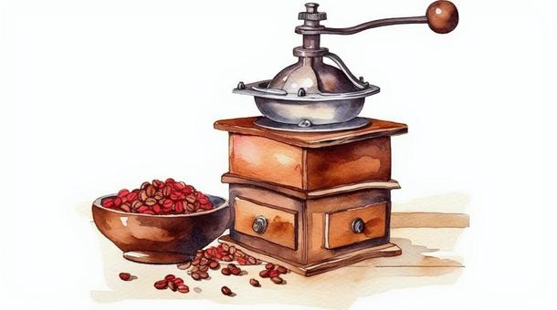 Illustration, coffee mill, coffee beans, watercolor, 