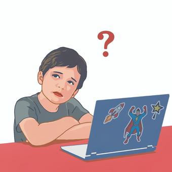 疑問に思う男の子1 人,子供,男の子,疑問,パソコン,カラーのイラスト素材