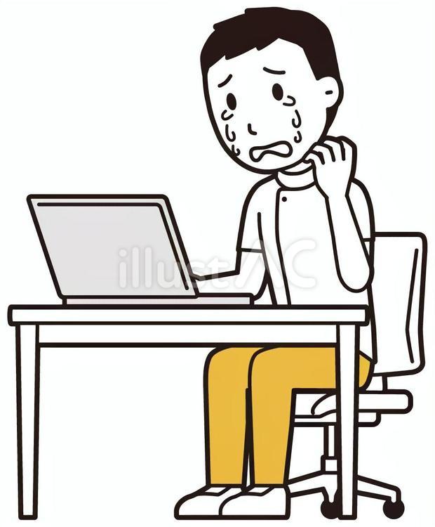  理学療法士男(黄)-153-全身 パソコン,泣く,理学療法士のイラスト素材
