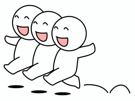 肩を組んでスキップする3人の棒人間 スキップ,棒人間,笑顔,肩を組む,笑う,楽しい,嬉しい,かわいい,シンプル,人物のイラスト素材