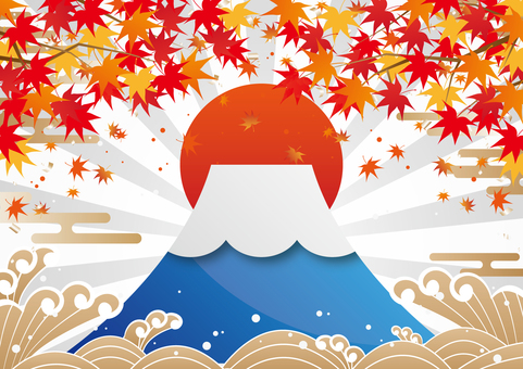 富士山と紅葉の和風背景素材 秋,紅葉,富士山,日本,和風,海,波,集中線,背景のイラスト素材