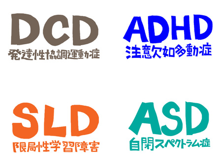 ADHDなど ADHDなど adhd,asd,sld,dcd,注意欠如,多動症,自閉スペクトラム症,限局性学習障害,発達性協調運動症,文字絵のイラスト素材