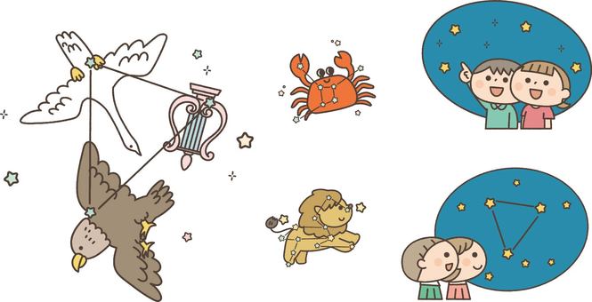 夏の星座のイラストセット 夏,セット,大三角,星,天体観測,理科,科学,宇宙,子供,人物のイラスト素材