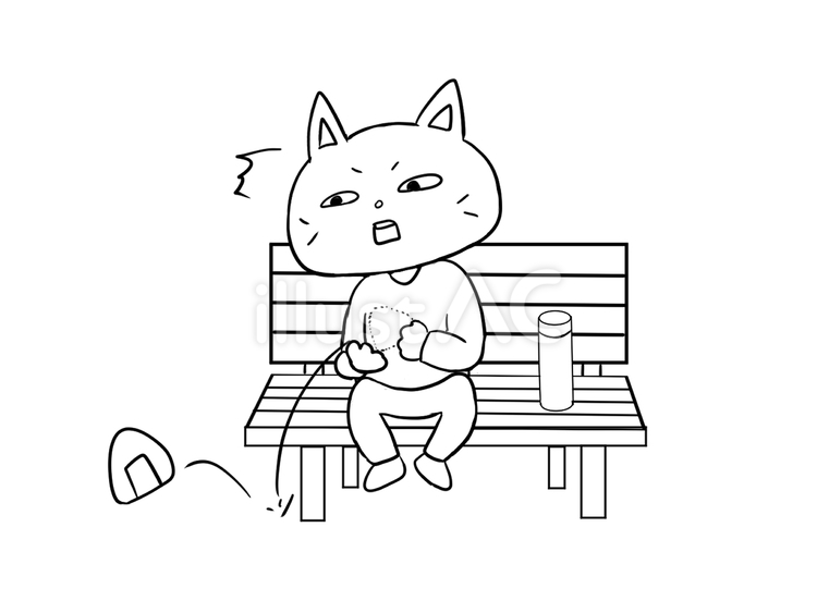 おにぎりを落とした猫のイラスト(白黒) 猫,おにぎり,ベンチのイラスト素材