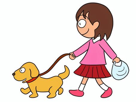 犬の散歩をする女の子のイラスト 犬,女の子,散歩,子供,動物,生き物,いぬ,日常,アニマル,ピンクのイラスト素材