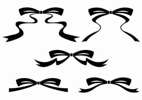 シンプルなリボンアイコン5種セット　黒 リボン,飾り,ちょうちょ結び,フレーム,プレゼント,かわいい,アイコン,ワンポイント,あしらい,マークのイラスト素材