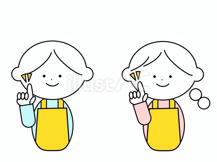 エプロン姿で指差しするかわいい男女 エプロン姿,指差し,お母さんのイラスト素材