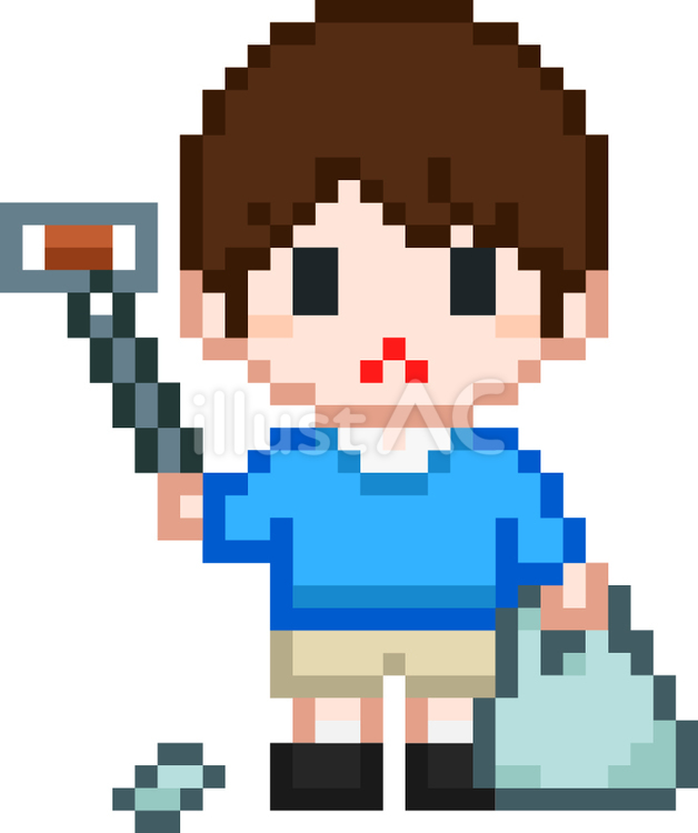 ドット絵のゴミ拾いをする男の子です。 ドット絵,ゴミ拾い,シンプルのイラスト素材