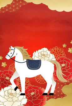 午年年賀状_14_文字なし 年賀状,2026年,午年,馬,午,牡丹,テンプレート,和柄,和風,花のイラスト素材