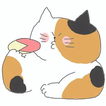 りんごのうさぎを食べる三毛猫ちゃん♪ かわいい,りんご,果物,フルーツ,食べ物,ねこ,三毛猫,動物,いきもの,ペットのイラスト素材