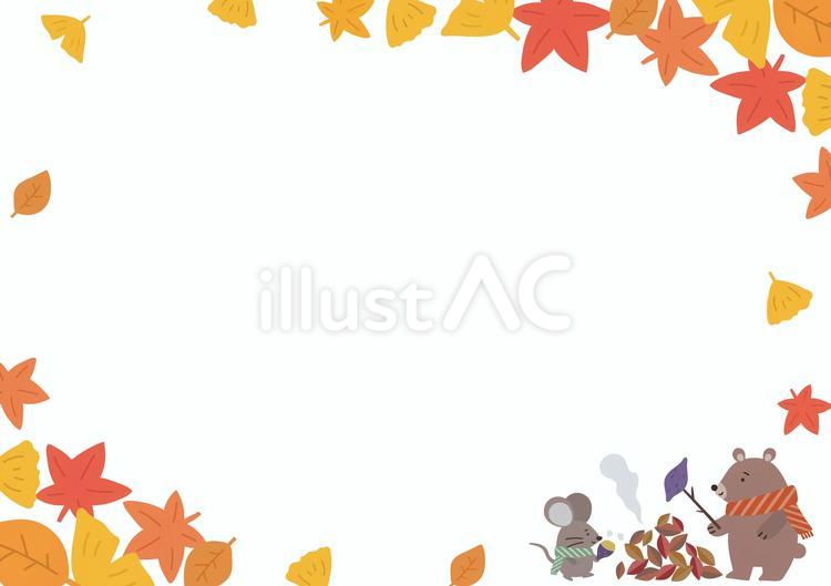 くまさんとネズミさんの紅葉フレーム 紅葉,イチョウ,もみじのイラスト素材