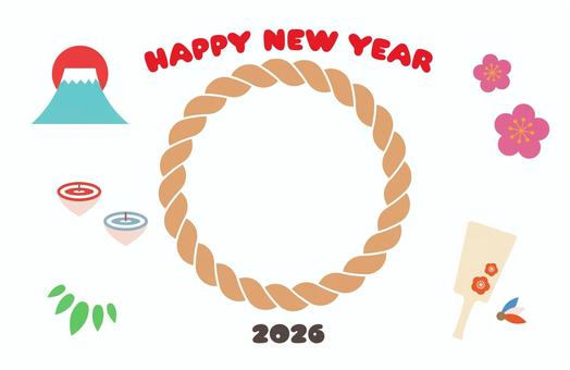 年賀状背景　しめ縄の写真フレーム2 午年,年賀状,馬,午,お正月,2026年,干支,謹賀新年,しめ縄,新春のイラスト素材