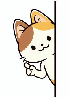 右からひょこっと出て指差す可愛い三毛猫 指差し,ポイント,重要,説明,アドバイス,猫,三毛猫,ゆるい,手描き,動物のイラスト素材