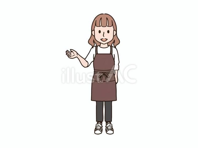 片手を上げる女性_エプロンbrown 大人,女性,全身のイラスト素材
