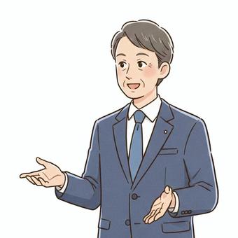 アニメ風の説明する会社員の男性