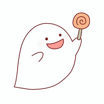 キャンディを持ったハロウィンおばけ おばけ,ハロウィン,キャンディ,持つ,幽霊,秋,線画,可愛い,ゆるい,手描きのイラスト素材