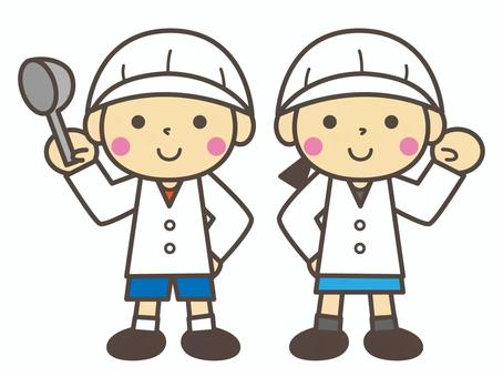 給食当番 給食当番 給食当番,給食,白衣,お玉,小学生,子供,男の子,女の子,人物,かわいいのイラスト素材