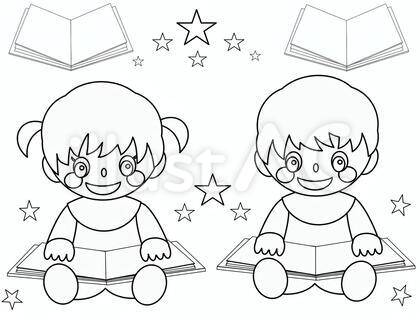 本を読む子ども、線のみ、ぬりえにも可