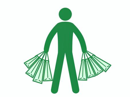 両手に沢山紙袋を持つ人のイラスト（緑） 人,人物,ピクトグラム,全身,立ち絵,立つ,旅行客,買い物客,お客様,紙袋のイラスト素材