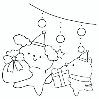 クリスマスプレゼントを持った犬くま クリスマス,プレゼント,犬,くま,イルミネーション,ライト,ガーランド,動物,サンタ,帽子のイラスト素材