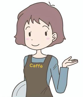 ご案内するカフェスタッフ 女性,カフェ,店員,スタッフ,ご案内,笑顔,ニコニコ,お盆,トレイ,給仕のイラスト素材