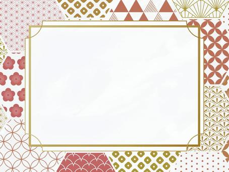 亀甲配置の和柄背景 ゴールドフレーム  亀甲,赤,黄色,冬,年賀状,新年,謹賀新年,梅,鱗,鹿の子のイラスト素材