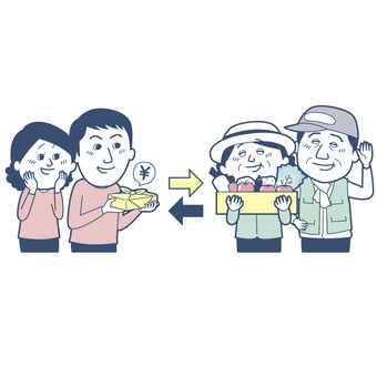 ふるさと納税01_淡色版 男性,女性,ふるさと納税,ふるさと,自治体,納税,税金,納税制度,寄付,支援のイラスト素材