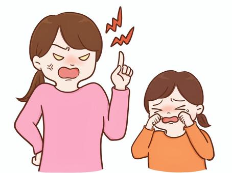 叱る(母・娘カラー) 女性,ママ,お母さん,母親,女の子,子供,幼稚園児,小学生,娘,叱るのイラスト素材