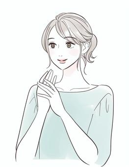 笑顔でハンドケアをする女性 女性,人物,きれい,おしゃれ,可愛い,表情,スキンケア,肌,触る,ケアのイラスト素材