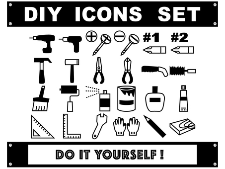DIYアイコンセット diy,アイコン,セット,ものづくり,電動ドライバー,ビス,ビット,ハケ,ペンキ,ペンチのイラスト素材