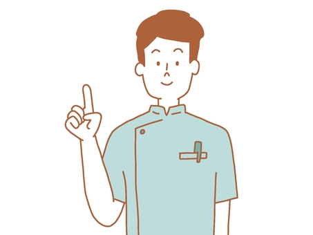ポイントを説明する男性看護師 ポイント,説明,指差し,男性,看護師,病院,医療,笑顔,シンプル,手描きのイラスト素材