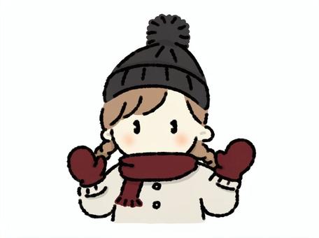 防寒対策ばっちり女の子 防寒,対策,手袋,マフラー,帽子,ニット帽,ポンポン,冬,寒い,暖かいのイラスト素材