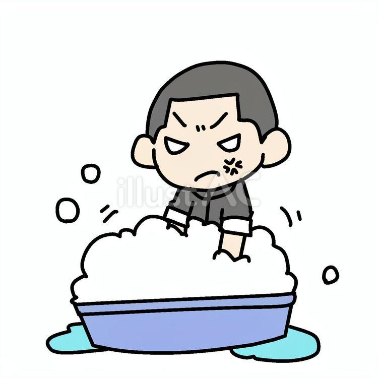 怒ってたらいを泡立てる学生少年 学生,たらい,怒るのイラスト素材
