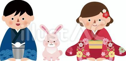 お辞儀する男の子&女の子&うさぎ