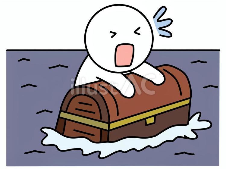 宝箱につかまって彷徨う棒人間 宝箱,海,つかまるのイラスト素材