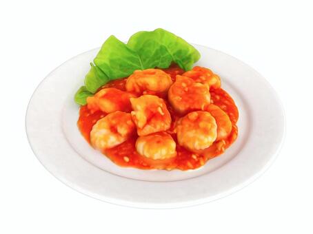 中華料理の定番の惣菜の海老のチリソース煮 エビチリ,海老チリ,海老ちり,エビのチリソース煮,海老のチリソース煮,中華料理,レンゲ,エビのチリソース,エビ,えびのイラスト素材