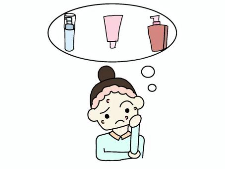 スキンケアで悩む女性 スキンケア,悩み,女性,肌荒れ,出来物,ニキビ,ヘアバンド,お団子頭,思春期,お年頃のイラスト素材