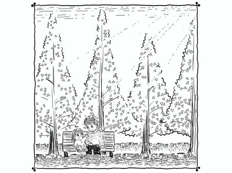 銀杏並木のベンチに座る父子(白黒枠付き) 銀杏,並木,親子,父子,お父さん,子ども,女の子,ベンチ,座る,話すのイラスト素材