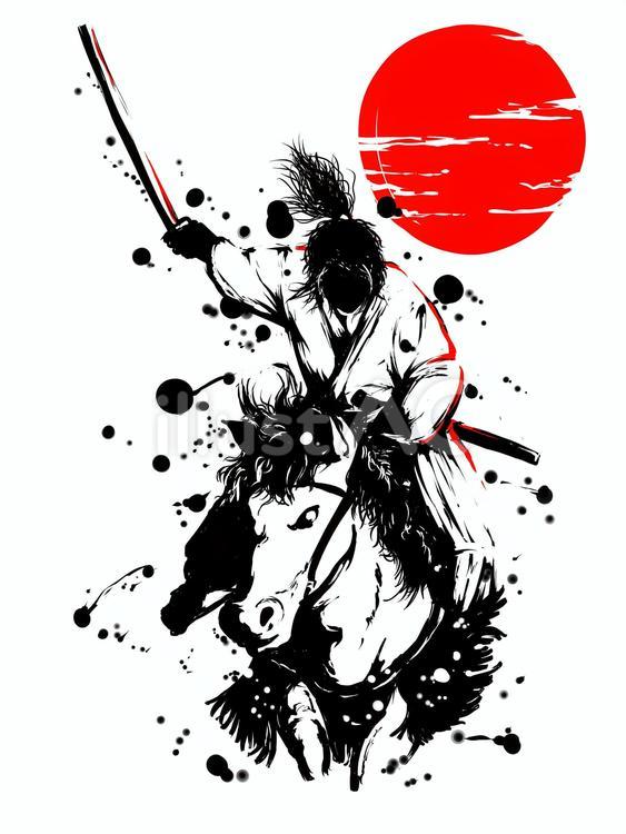 水墨画 騎馬武士 額装済み 水墨画 騎馬武士 額装済み