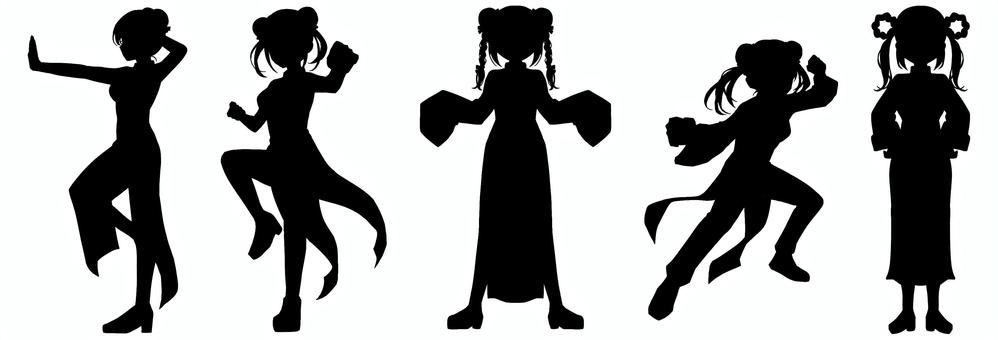 チャイナ服女の子立ち絵シルエットセット1 女の子,シルエット,セット,少女,女性,立ち絵,全身,横顔,人物,黒のイラスト素材