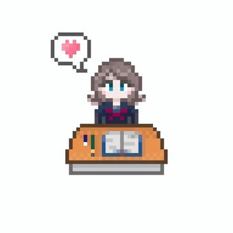 ドット絵の女子高生 吹き出し ハート ドット絵,ピクセル,勉強,机,着席,授業,板書,筆記用具,ノート,ペンのイラスト素材