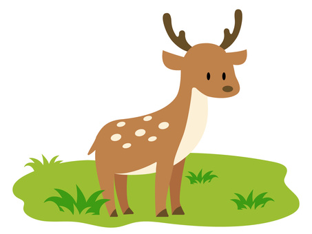 草原背景付きシカ 鹿,草原,背景付き,角,かわいい,デフォルメ,単品,ゆるい,動物,動物園のイラスト素材