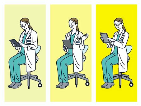 タブレットで説明する女性医師 医師,女性医師,ベテラン,タブレット,説明,手を添える,動作,データ確認,患者対応,案内のイラスト素材