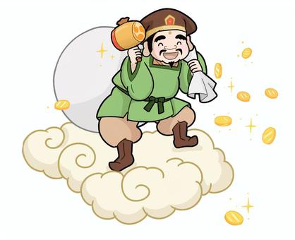 福の神が雲に乗ってやってくる 福の神,大黒さま,雲,幸運,来る,縁起,金貨,うちでの小槌,笑うのイラスト素材