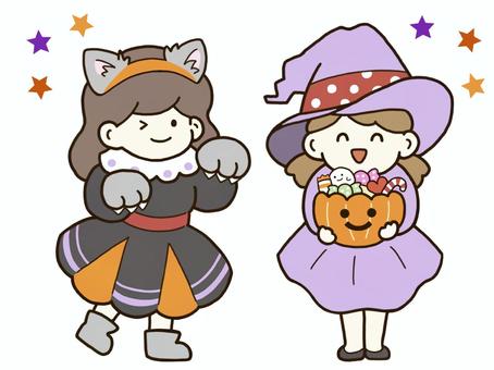 ハロウィン　狼と魔女の仮装をする子供 ハロウィン,仮装,子供,女の子,トリックオアトリート,お菓子,ハッピーハロウィン,コスプレ,衣装,魔法使いのイラスト素材