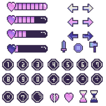 ドット絵アイコンセット ドット絵アイコンセット 数字,ドット絵,ピクセルアート,アイコン,セット,ステータスバー,ui,ユーザーインターフェース,ゲージ,ライフバーのイラスト素材