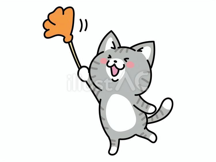 ハタキでホコリを払う猫ちゃん ねこ,大掃除,掃除のイラスト素材