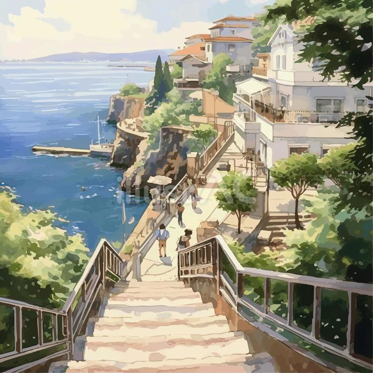 海　街並み 海,街並み,階段のイラスト素材