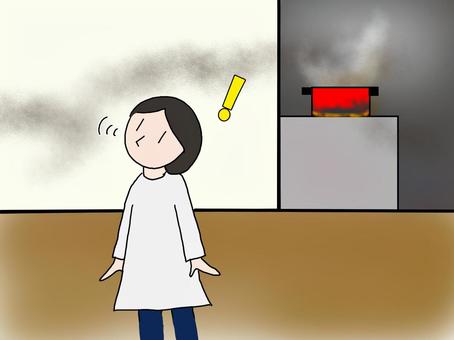 火の消し忘れを焦げた匂いで気付く ガス,火,消し忘れ,鍋,焦げる,匂い,煙,部屋,充満,危険のイラスト素材